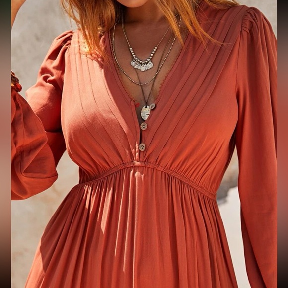 Boho orange button pleated long sleeve maxi dress - Picture 7 of 7